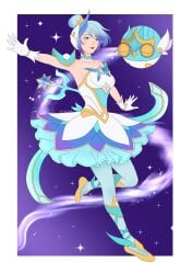 1girls ballerina ballerina_shoes ballet ballet_slippers bare_shoulders blue_eyes blue_hair blush breasts collar corset dress flat_shoes flats league_of_legends lipstick makeup orianna short_hair solo star_guardian_orianna star_guardian_series stariylu