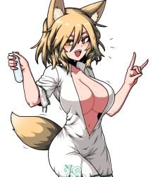 alternate_breast_size animal_ear_fluff animal_ears blonde_hair blush breasts collarbone corked_bottle cowboy_shot female finger_touching formicid fox_ears fox_girl fox_shadow_puppet fox_tail green_ribbons hands_up holding holding_test_tube jaggy_lines kudamaki_tsukasa large_breasts looking_at_viewer navel open_clothes open_mouth ribbon romper sharp_teeth short_hair short_sleeves simple_background solo sweat tail teeth test_tube touhou white_background yellow_eyes