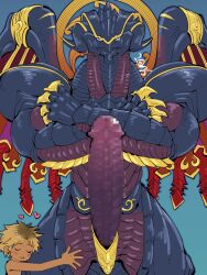 abs aeon aeon_(final_fantasy) anthro bahamut big_muscles big_penis blonde_hair blue_body blush censored crossed_arms dragon duo erection final_fantasy final_fantasy_x gay genitals hair heart hi_res horn hug huge_cock human human_on_anthro interspecies larger_anthro larger_male male male/male male_only mammal mosaic_censoring mosaic_censorship multicolored_body muscular muscular_anthro muscular_male mythological_creature mythological_scalie mythology nude penis purple_body scalie shirako signature size_difference smaller_human smaller_male square_enix tidus tidus_(ffx) wings yaoi