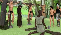 3d 3d_artwork 4boys 4girls black_hair black_loincloth black_panties blonde_hair blood brown_hair crucifixion dark-skinned_male dark_skin deviantart grass gray_hair green_grass grey_hair hands_tied_behind_back leafs loincloth loincloth_only medium_breasts multiple_boys multiple_girls original original_characters tied tied_hands topless topless_female torture trees uncensored uncensored_breasts wounded zenrow236