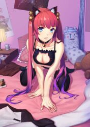 1girls all_fours animal_ears bangs bare_shoulders bed_sheet bell black_bra black_legwear black_panties blanket blue_eyes bra breasts cat_band_legwear cat_cutout cat_ear_panties cat_ears cat_keyhole_bra cat_lingerie cellphone choker cleavage cleavage_cutout collarbone curtains daye_bie_qia_lian desk_lamp drawer eyebrows eyebrows_visible_through_hair female frilled_pillow frills full_body gradient_hair hair_ornament highres indoors jingle_bell light-skinned_female light_skin lips long_hair looking_at_viewer multicolored_hair original panties parted_lips phone pillow purple_hair raglan_sleeves red_hair shirt shirt_removed shorts_removed smartphone socks solo star_print stuffed_animal stuffed_toy t-shirt tareme teddy_bear teeth thighhighs underwear very_long_hair