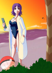 1girls 2016 ambiguous_gender beach big_breasts breasts brown_eyes cleavage curvaceous female half-closed_eyes haruman4628 human human_only labcoat large_breasts looking_up navel nintendo outdoors pale-skinned_female pale_skin philena_ivy poke_ball pokemon pokemon_professor pokemon_rgby pokemon_rse purple_hair short_hair solo source_request sunset swimsuit