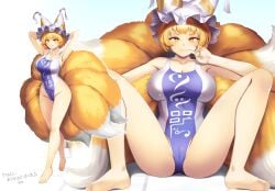 1girls absurdres arms_behind_head bare_legs barefoot blonde_hair blue_one-piece_swimsuit breasts cameltoe cleavage collarbone fox_tail frilled_hat frills full_body hat highres large_breasts mob_cap multicolored_clothes multicolored_swimsuit multiple_tails multiple_views one-piece_swimsuit patterned_clothing ran_yakumo short_hair sitting smile soles spread_legs standing swimsuit tagme tail tails tarmo tassel touhou white_one-piece_swimsuit yakumo_ran yellow_eyes