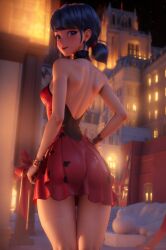 1girls ai_generated ass blue_eyes blue_hair female hourglass_figure ladybug_(character) marinette_cheng marinette_dupain-cheng miraculous_ladybug night paris rear_view solo tagme twintails