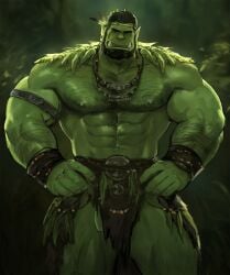 abs body_hair bottomwear chest_hair clothing dopq fangs green_body green_skin hi_res humanoid humanoid_pointy_ears loincloth male male_only muscular muscular_humanoid muscular_male nipples orc orc_male pecs peeking_penis solo solo_male teeth tusks