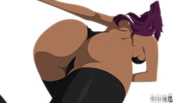 absurdres ass back bleach breasts dark-skinned_female dark_skin dat_ass female leotard ponytail purple_hair shihouin_yoruichi simple_background solo stiky_finkaz tied_hair