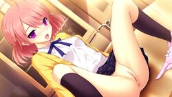 akino_subaru blush bow fujikawa_runa game_cg hatsukoi_1/1 kneehighs nopan panties pink_hair purple_eyes pussy seifuku short_hair spread_legs uncensored underwear