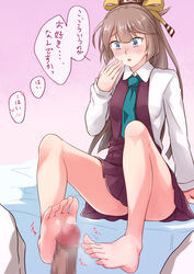 1boy blue_eyes brown_hair censored clothed_sex cum cum_string dress feet female footjob hair_ribbon highres kakiha_makoto kantai_collection kazagumo_(kantai_collection) long_hair mosaic_censoring necktie open_mouth penis ponytail pov precum ribbon sitting solo_focus straight tied_hair