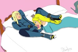 2girls bandijones bed blonde_hair bodysuit clothed crossover cunnilingus dress female female_only hair high_heels human indoors mario_(series) metroid multiple_girls nintendo oral oral_sex princess_rosalina samus_aran yuri zero_suit