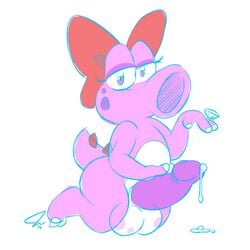 1boy balls birdo full_body girly kneeling looking_at_viewer male male_only mario_(series) nintendo penis precum psyredtails simple_background solo white_background