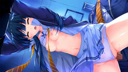 blood blue_hair blush breasts censored game_cg hasekura_airi misaki_kurehito nipples open_clothes open_shirt panties shirt spread_legs underwear ushinawareta_mirai_wo_motomete