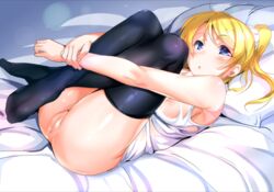 ajishio ayase_eli bed blonde_hair blue_eyes breasts female love_live! love_live!_school_idol_project nipples nopan pussy see-through shirt solo thighhighs uncensored wet