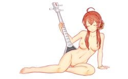 barefoot breasts brown_hair dongqing_zaozigao headband instrument long_hair nipples nude pussy uncensored vocaloid white_background yuezheng_ling