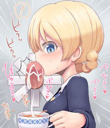 1girls blonde_hair blue_eyes blush braid cum cup darjeeling ejaculation fellatio female from_side girls_und_panzer glory_hole highres oral pale-skinned_female pale_skin penis rantana_(lalalalackluster) school_uniform short_hair solo_focus sweat tea teacup tied_hair tongue tongue_out