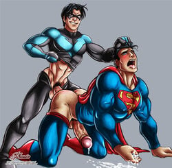 2boys age_difference anal_penetration anal_sex bara batman_(series) black_hair blush cape clark_kent clothed cum cum_dripping_from_penis cum_in_hand cum_on_tongue cum_splatter dc dc_comics dick_grayson doggy_style dripping_cum erect_nipples_under_clothes erection forced forced_penetration fucked_silly gay hair hair_pull human interspecies kryptonian large_penis male male/male male_only mask mouth_open multiple_boys multiple_males muscles naughty_face nightwing one_eye_closed open_mouth pants_down pecs penis_size_difference phausto rape retracted_foreskin sex shirt_lift sneer spandex spread_legs superhero superman superman_(series) teen_titans tongue_out veiny_muscles veiny_penis yaoi younger_dom_older_sub younger_penetrating_older