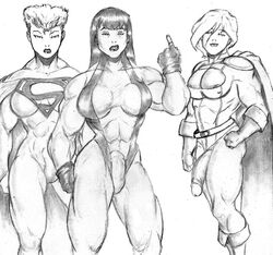 3futas abs areola_slip breasts bulge cleavage costume crossover dc futa_only futanari gigantic_penis hair huge_cock intersex large_breasts marvel monochrome muscular_futanari penis pose power_girl semi-erect she-hulk skin_tight superwoman thick_thighs thighs zodiac_(artist)