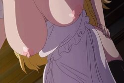 animated blonde_hair bouncing_breasts breasts character_request curvy erect_nipples from_behind huge_breasts ikoku_na_retro long_hair naked_apron nipples penetration sex thighhighs vaginal_penetration