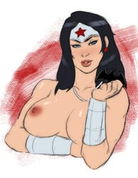 1girls amazon bare_shoulders batarang batman_(series) black_hair blue_eyes bracelet bracelets breasts color colored dark_hair dc dc_comics diana_prince earrings female female_only jewelry large_breasts long_hair naavs necklace nipples nude simple_background solo star_earrings superheroine tagme tiara topless wonder_woman wonder_woman_(series)