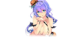 aqua_eyes blue_hair breasts cleavage condom cum halloween headdress long_hair nipples pumpkin tagme taira_tsukune white_background