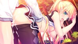 alcot ass blonde_hair breasts censored chibana_ryouka cum erect_nipples game_cg green_eyes kimi_no_tonari_de_koishiteru! long_hair motomiya_mitsuki nipples no_bra nopan pantyhose penis ponytail pussy pussy_juice sex shirt_lift skirt_lift tied_hair