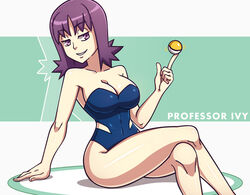 1girls 2016 ass breasts brown_eyes cleavage curvaceous dmy-gfx female fingernails gs_ball half-closed_eyes human human_only labcoat large_breasts navel nintendo one-piece_swimsuit pale-skinned_female pale_skin philena_ivy poke_ball pokemon pokemon_professor pokemon_rgby purple_hair scott_bennett short_hair solo source_request swimsuit text watermark wide_hips