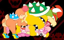 3boys anal anus ball_gag balls bowser cock_ring fellatio gag girly koopa male male_only mario_(series) multiple_boys nintendo oral penis precum psyredtails rimjob simple_background size_difference threesome yaoi