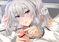 aliasing blue_eyes blush censored gachou grey_hair handjob heart japanese_text kantai_collection kashima_(kantai_collection) long_hair male penis text tied_hair translated twintails uniform