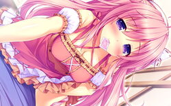 blush boku_to_koi_suru_ponkotsu_akuma. breasts cleavage condom game_cg headband kiritani_riria long_hair masturbation official_art panty_pull pink_hair purple_eyes sayori smile_(company) succubus