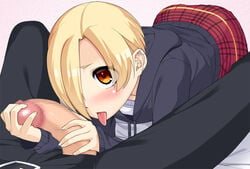 b_lack_box blonde_hair censored fellatio hair idolmaster idolmaster_cinderella_girls oral penis shirasaka_koume short_hair