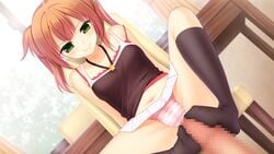 agekichi asato_saki brown_hair censored footjob game_cg green_eyes kenja_no_okuri_imouto kneehighs navel nounai_kanojo panties skirt tied_hair twintails underwear