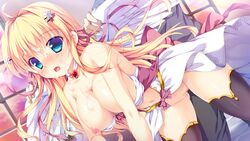 aqua_eyes blonde_hair breasts censored cum escu:de fall_in_love_x_4_tune game_cg karen_uruputasu long_hair mikeou nipples no_bra nopan pussy thighhighs wings