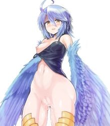 absurdres ahoge ass_visible_through_thighs blue_hair blue_wings bottomless clitoris clothing cowboy_shot feathered_wings female harpy highres monster_girl monster_musume_no_iru_nichijou navel nipples one_breast_out open_mouth papi_(monster_musume) pussy pussy_juice simple_background small_breasts solo tk2k_jade white_background wings yellow_eyes