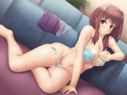 barefoot blush bra breast_hold breasts brown_hair cum kounose_akara moonshiner nipple_slip nipples original panties panty_pull purple_eyes underwear