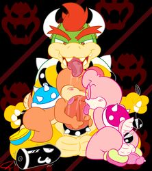 3boys anal anal_beads anus balls bowser bullet_bill cock_ring double_oral fellatio girly hair huge_cock koopa male male_only mario_(series) multiple_boys nintendo oral penis precum psyredtails simple_background size_difference threesome trap yaoi