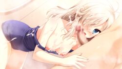 blonde_hair blue_eyes blush breasts censored cum fellatio game_cg hair hulotte ikegami_akane long_hair nipples oral school_swimsuit swimsuit yagami_serika yome_sagashi_ga_hakadori_sugite_yabai.