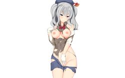 blue_eyes breasts fedsnk gloves gray_hair kantai_collection kashima_(kantai_collection) nipples no_bra photoshop pussy tied_hair torn_clothes twintails uncensored uniform white_background