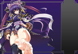 1girls chinese_clothes cum cum_on_body cum_on_feet cum_on_lower_body feet femdom footjob looking_down purple_hair sangokushi_taisen shibamine_takashi standing standing_footjob thighhighs touhaku zettai_ryouiki