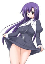 1girls breasts clothing cross dress dress_lift female female_only jewelry kannagi large_breasts long_hair mikagami_sou necklace no_panties no_pussy nun open_mouth purple_hair pussy red_eyes smile solo thighs zange