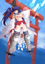 animal_ear blush breasts censored clothing detached_sleeves female gohei hakama highres huge_breasts japanese_clothes juubaori_mashumaro large_breasts long_hair miko nipples no_panties nontraditional_miko pointless_censoring purple_hair pussy skirt strike_witches striker_unit striker_units tears tied_hair torii twintails