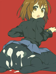 ass brown_eyes brown_hair cameltoe cum cum_on_ass cum_on_body cum_on_clothes cum_on_lower_body feet female female_only hair_ornament hairclip human human_only k-on! kneeling looking_back namaeha_(pixiv77217) no_shoes pantyhose pomelocandy school_uniform short_hair skirt solo yui_hirasawa_(k-on!)