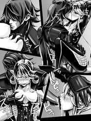 blush breasts censored clothed_sex clothing comic cum doujin doujinshi fellatio fuuma_kotarou gag gagged groping kasuga kissing large_breasts monochrome oral penis sengoku_basara sex yakata