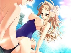 arm_support ass_cleavage beach between_breasts blonde_hair blush breasts butt_crack celestine_rokoko censored clothes_between_breasts cloud cowgirl_position dutch_angle game_cg hair_ornament hairclip happy_sex large_breasts long_hair ocean one-piece_swimsuit penis ponytail pussy sasaki_tamaru school_swimsuit sex sitting sky smile straddle swimsuit swimsuit_aside tied_hair upright_straddle vaginal_penetration water wavy_hair wet wizard's_climber yellow_eyes