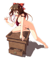 bow box brown_eyes brown_hair donation_box feet female female_only flat_chest gohei hairbow hands human licking long_hair money naughty_face nude onemu pussy_juice reimu_hakurei saliva solo tongue touhou wet_pussy wink