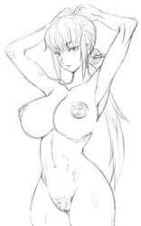 breasts huge_breasts long_hair monochrome nude ponytail pubic_hair pussy sketch tied_hair toryuu tsubomi_fujiko uncensored zettai_karen_children