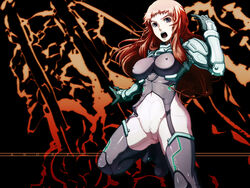 1girls angry armor bangs blunt_bangs bodysuit boots breasts cameltoe caryo covered_breasts covered_erect_nipples covered_nipples covered_pussy curvy erect_nipples erect_nipples_under_bodysuit erect_nipples_under_clothes female fighting_stance garter_straps gauntlets gloves glowing grey_eyes grey_legwear impossible_clothes innie_pussy ken_marinaris large_breasts leg_up legs_apart long_hair mound_of_venus nipple_outline nipples nipples_covered nipples_visible_through_clothing no_panties on_one_foot open_mouth pink_hair pussy shiny shiny_clothes skin_tight solo standing tabigarasu thighhighs uncensored very_long_hair wide_hips zone_of_the_enders