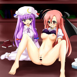 blush breasts censored hat head_wings headwings koakuma long_hair miki_purasu patchouli_knowledge pink_eyes pink_hair purple_eyes purple_hair pussy red_hair spread_legs succubus the_embodiment_of_scarlet_devil tissue_box touhou wings