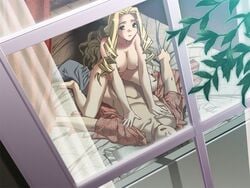 bed_sheet blonde_hair breasts censored cowgirl_position curly_hair dutch_angle from_above game_cg green_eyes honnou_yukari ino izayoi_no_hanayome large_breasts long_hair looking_at_viewer mosaic mosaic_censoring nude open_clothes open_shirt pillow sex sheet_grab sheets shirt straddle window