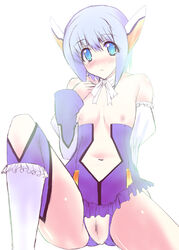 blue_eyes blue_hair blush censored clothing crotchless_panties detached_sleeves flat_chest nipples noto_kurumi otomedius panties poini_coon pussy robot_ears short_hair small_breasts underwear