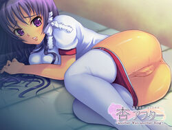 bow buruma censored clannad clothing fujibayashi_kyou gym_uniform lying purple_eyes purple_hair pussy pussy_juice stockings takuyu thighhighs