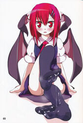 black_socks blush cum cum_on_body cum_on_feet cum_on_lower_body demon_girl embarrassed feet footwear foreshortening hair_ornament hairclip head_wings headwings highres knee_socks kneehighs kneesocks koakuma miniskirt necktie page_3 page_number pov_feet red_eyes red_hair short_hair simple_background sitting skirt socks solo succubus surprised sweat the_embodiment_of_scarlet_devil touhou usotsukiya wings